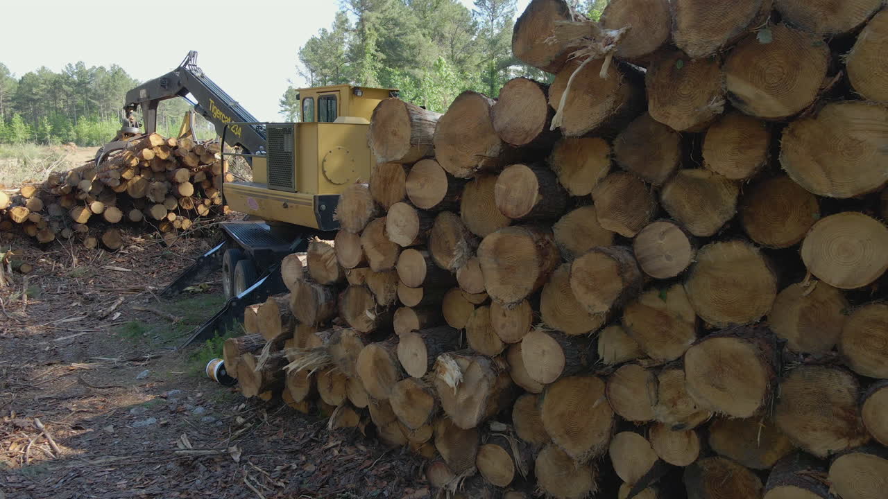 tiro de drone de árboles apilados por leñadores