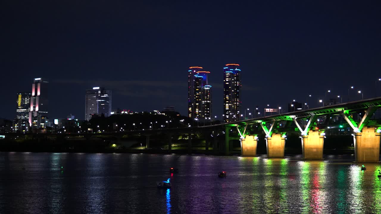 Night View Of Seoul Metropolitan City With Skyscrapers And Towers In Gangnam District, South Korea. Wide Shot