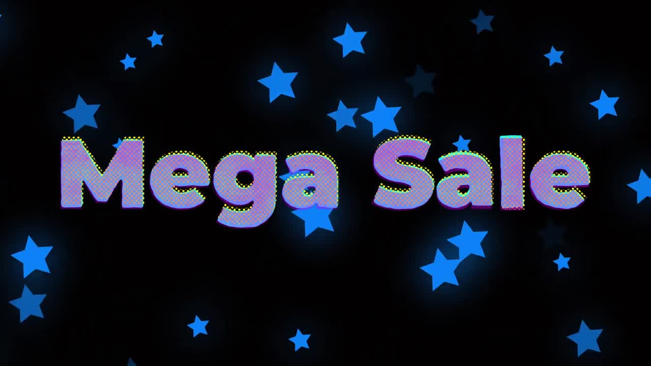 검은 바탕에 메가 판매 텍스트와 별의 애니메이션