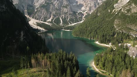 crystal blue lake braies in prags dolomites, south tyrol, italy