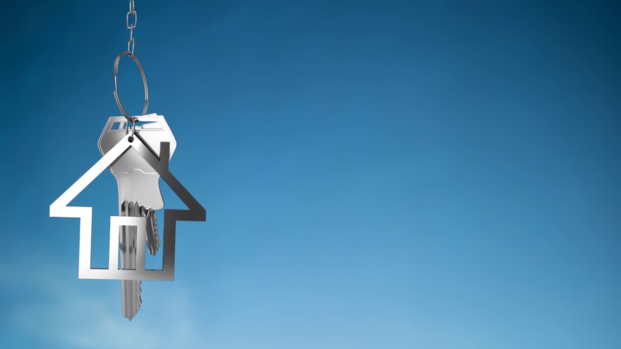 animación de llave de plata con llavero de la casa en fondo azul.