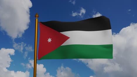 national flag of jordan waving 3d render with flagpole and blue sky timelapse, kingdom jordan flag textile used pan-arab colors, similar flag of the arab revolt