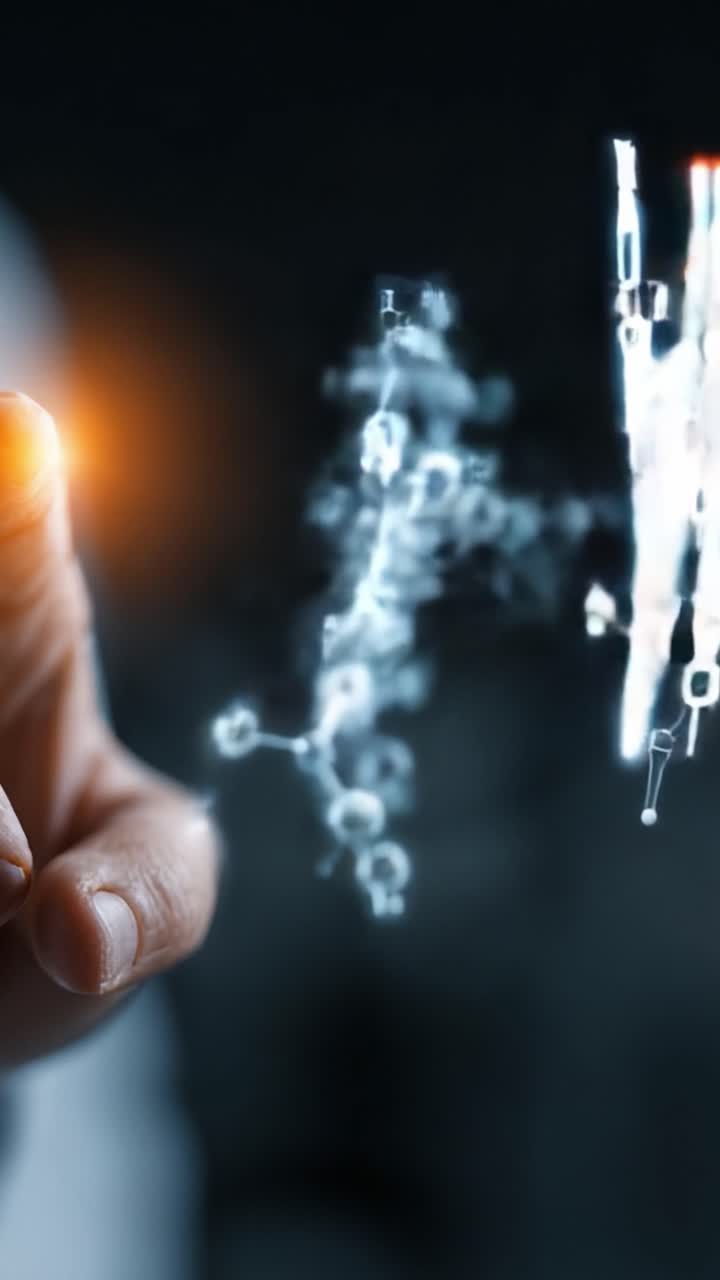 Exploring the Future of Science: A Hand Interacting with Digital Chemical Structures and Molecular Designs Represented in a Futuristic Display