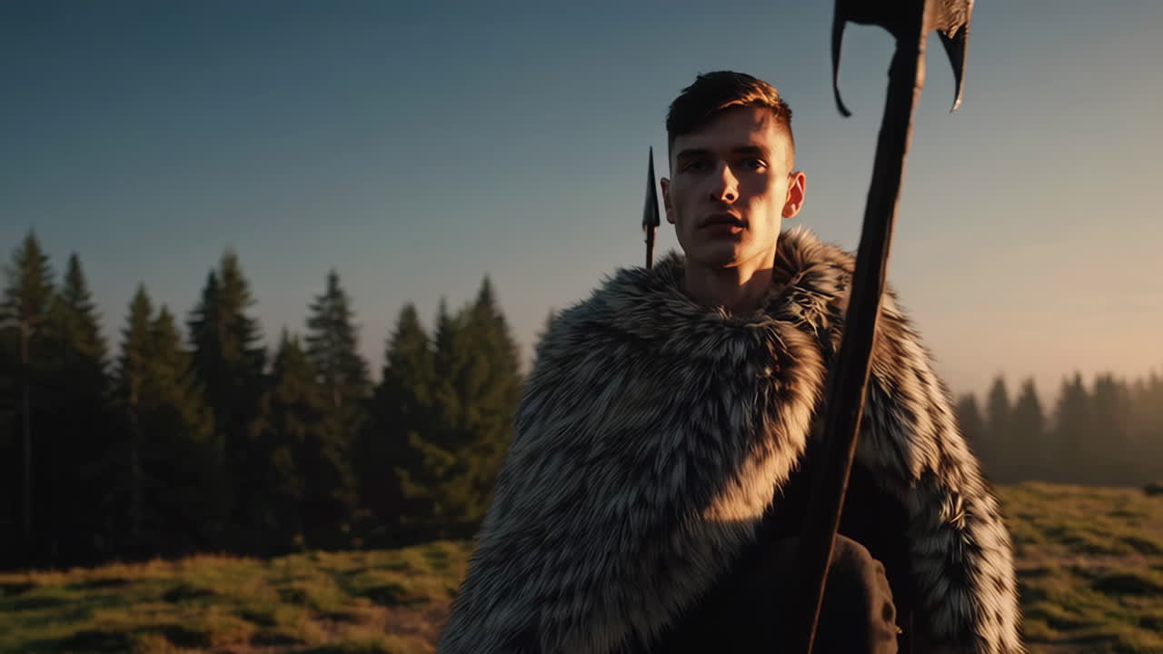 A Viking Warrior in a Fur Cloak on a Mountaintop
