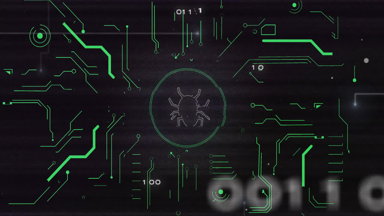 Animation of data processing with bug icon and computer circuit board on black background