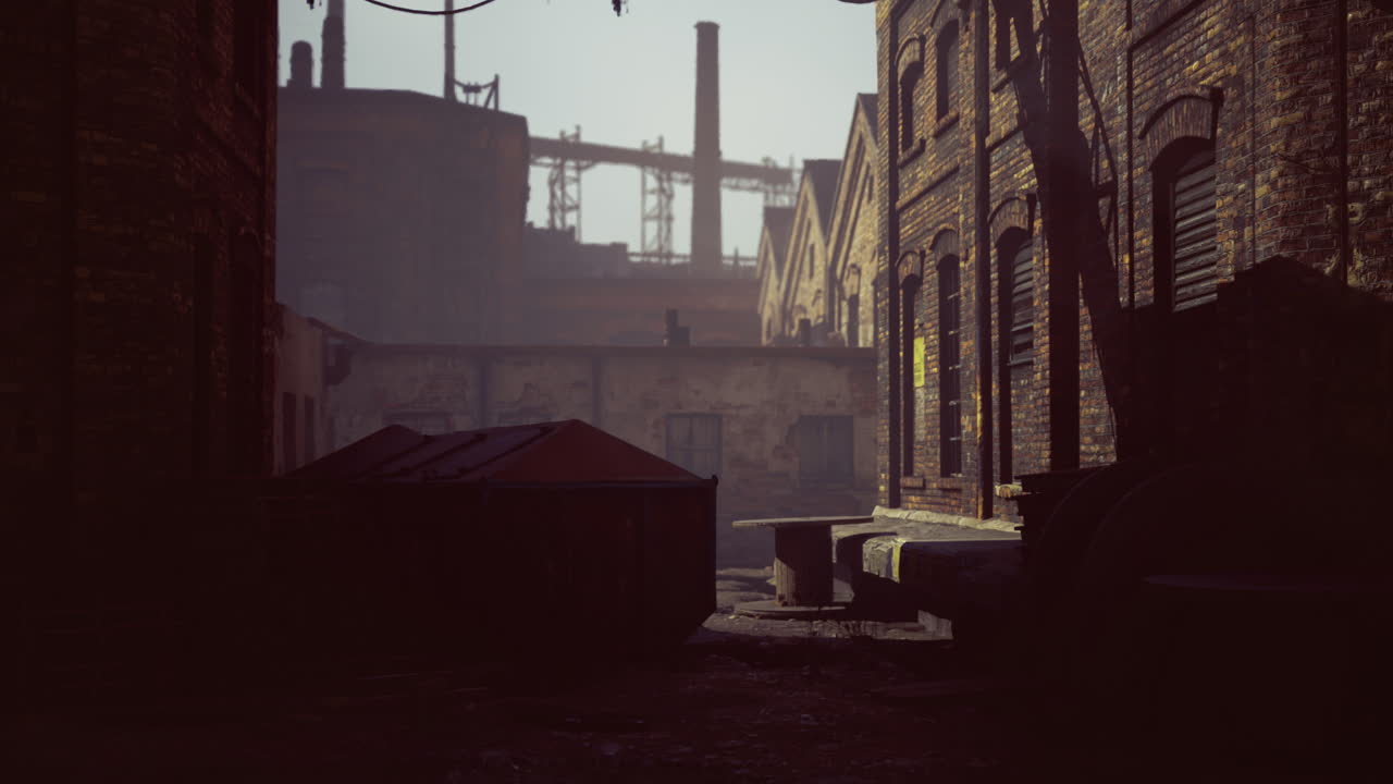 Urban alleyway at dusk with industrial backdrop and hidden details