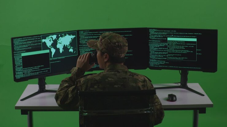 Vista posteriore di un uomo asiatico, soldato sviluppatore, che beve caffè e usa il computer per scrivere codice con schermi multipli in uno studio green screen