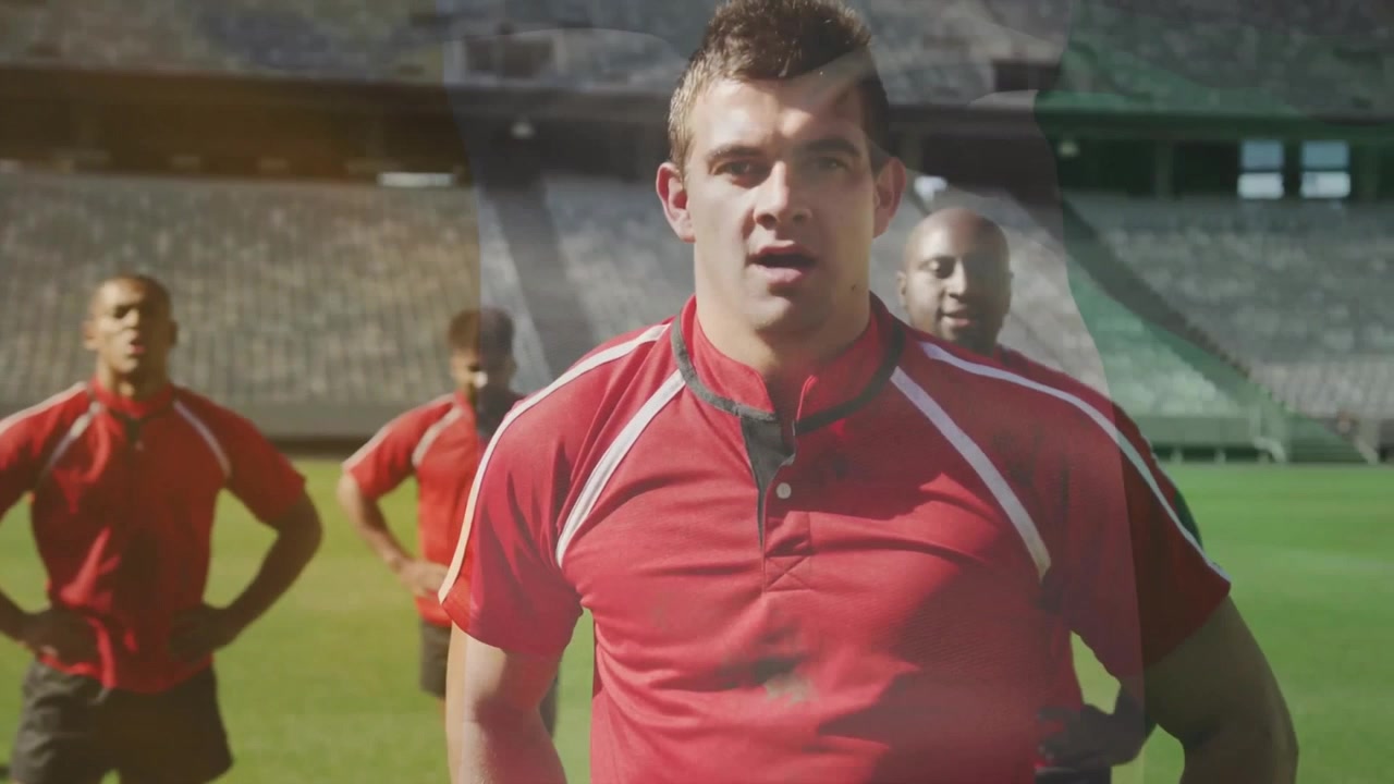 Animazione della bandiera dell'Irlanda su diversi giocatori di rugby maschi allo stadio.