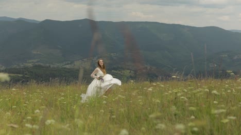 beautiful bride posing in a field with mountains in the background