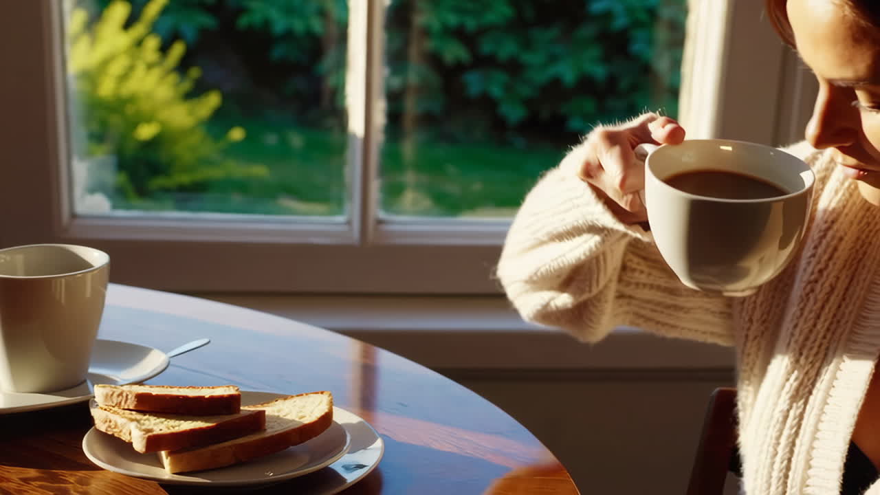 Woman enjoying coffee and toast by the window