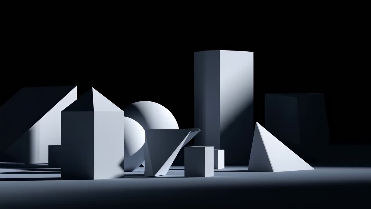 Abstrakte 3D geometriske former med dynamisk belysning og skygger.