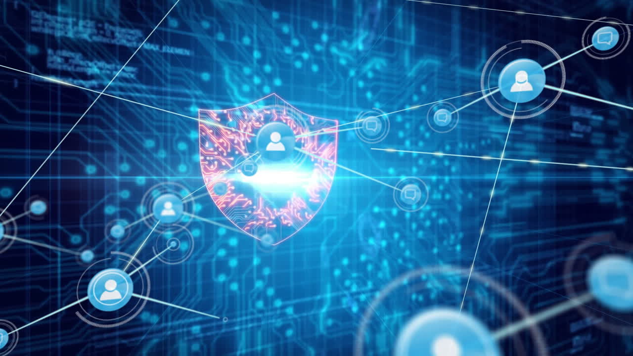 Animation of digital network connections with user icons on blue background