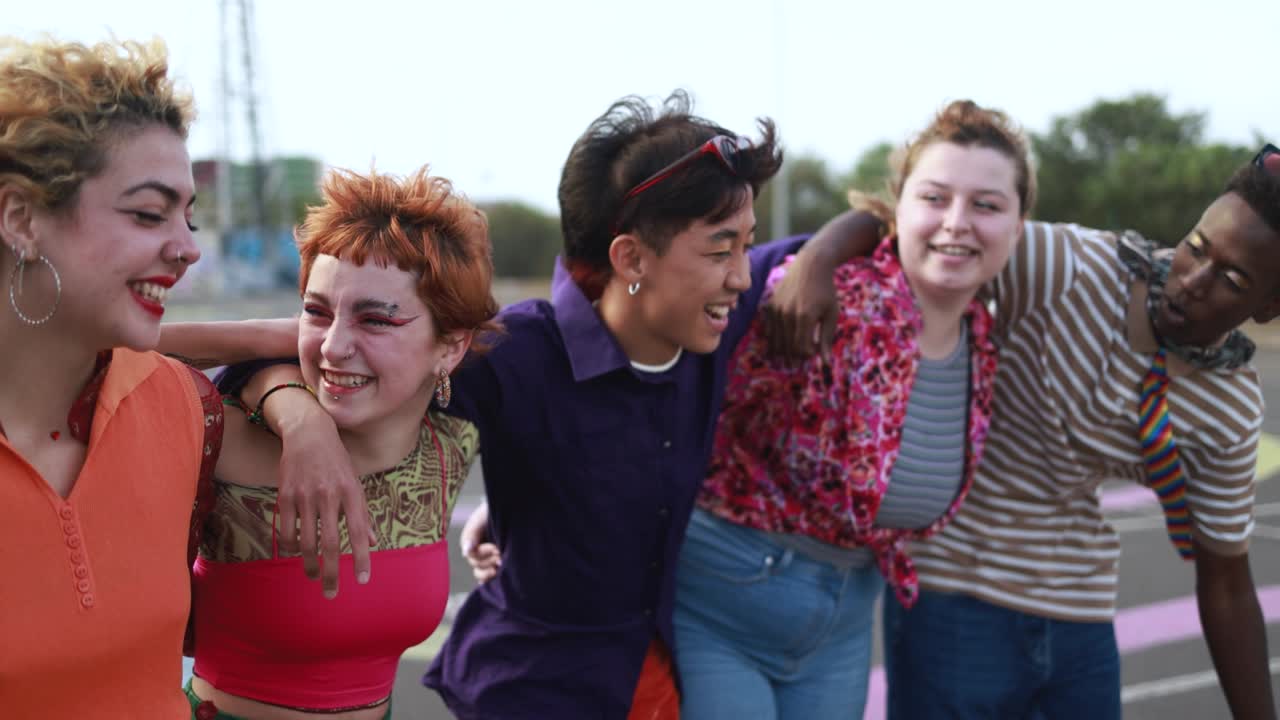 различные молодые люди веселятся на открытом воздухе, смеются вместе.