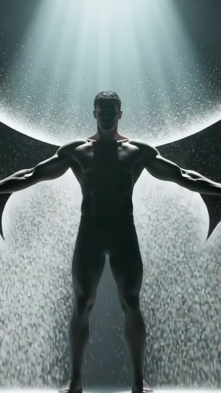 Vertical video: Raising shirtless muscular male forming dust wings in void under beam, with halo