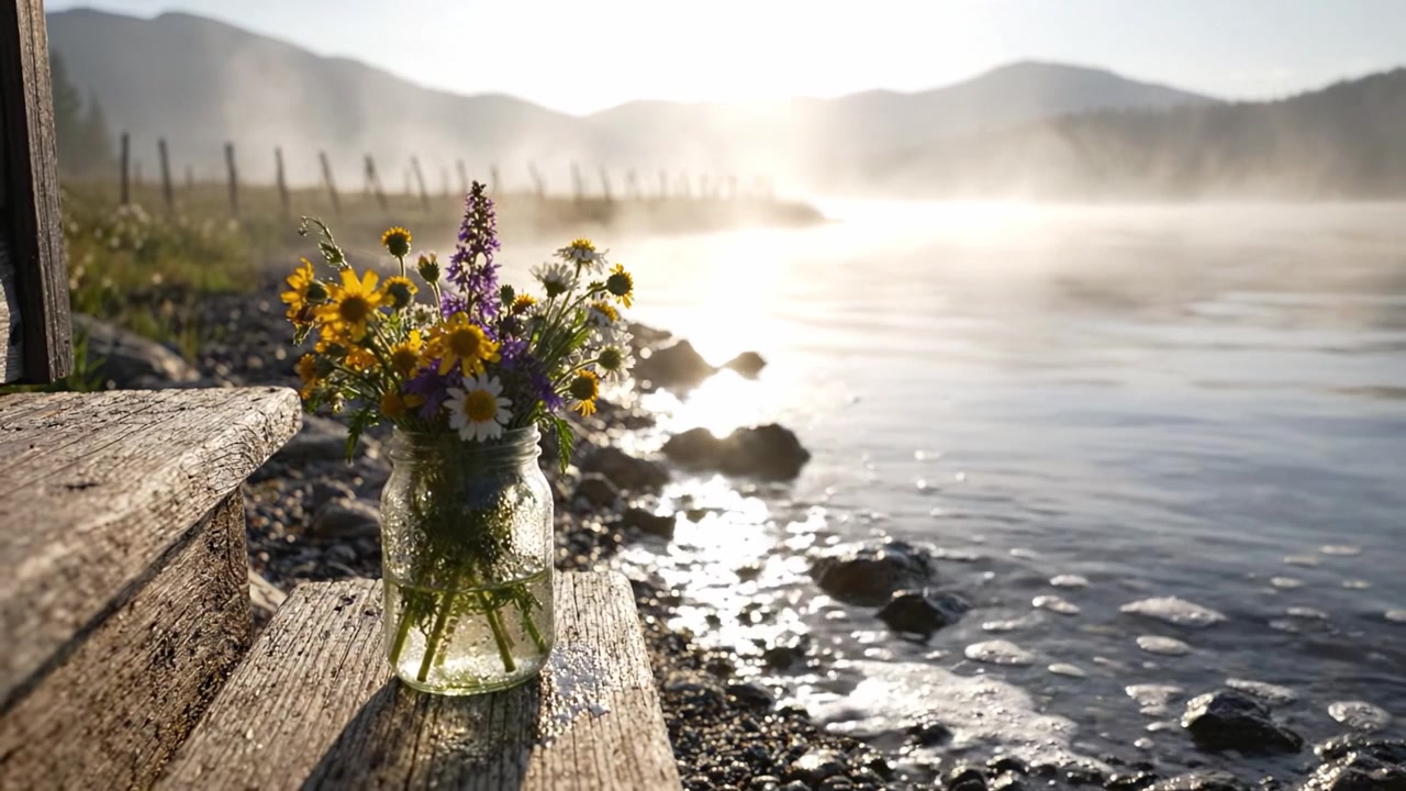 A Beautiful Glass Jar Filled with Colorful Wildflowers Shines in the Morning Light by a Misty River in a Serene Natural Landscape