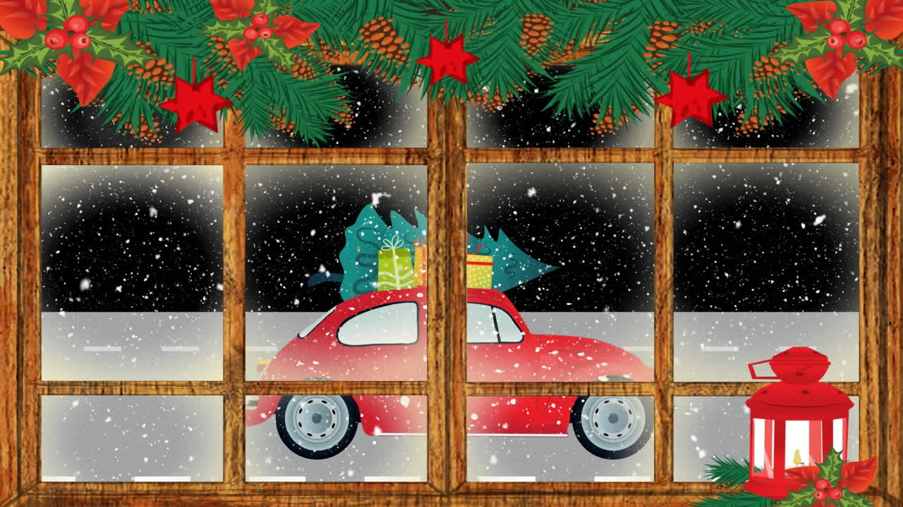 animación de abetos y decoraciones navideñas sobre coches y nieve cayendo