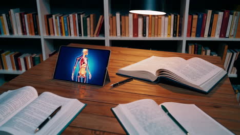 human anatomy on tablet in a library