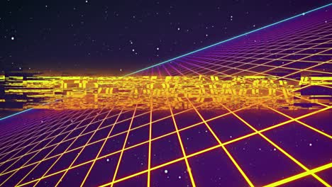 Animation-of-neon-retrowave-text-flickering-over-glowing-yellow-grid-in-universe