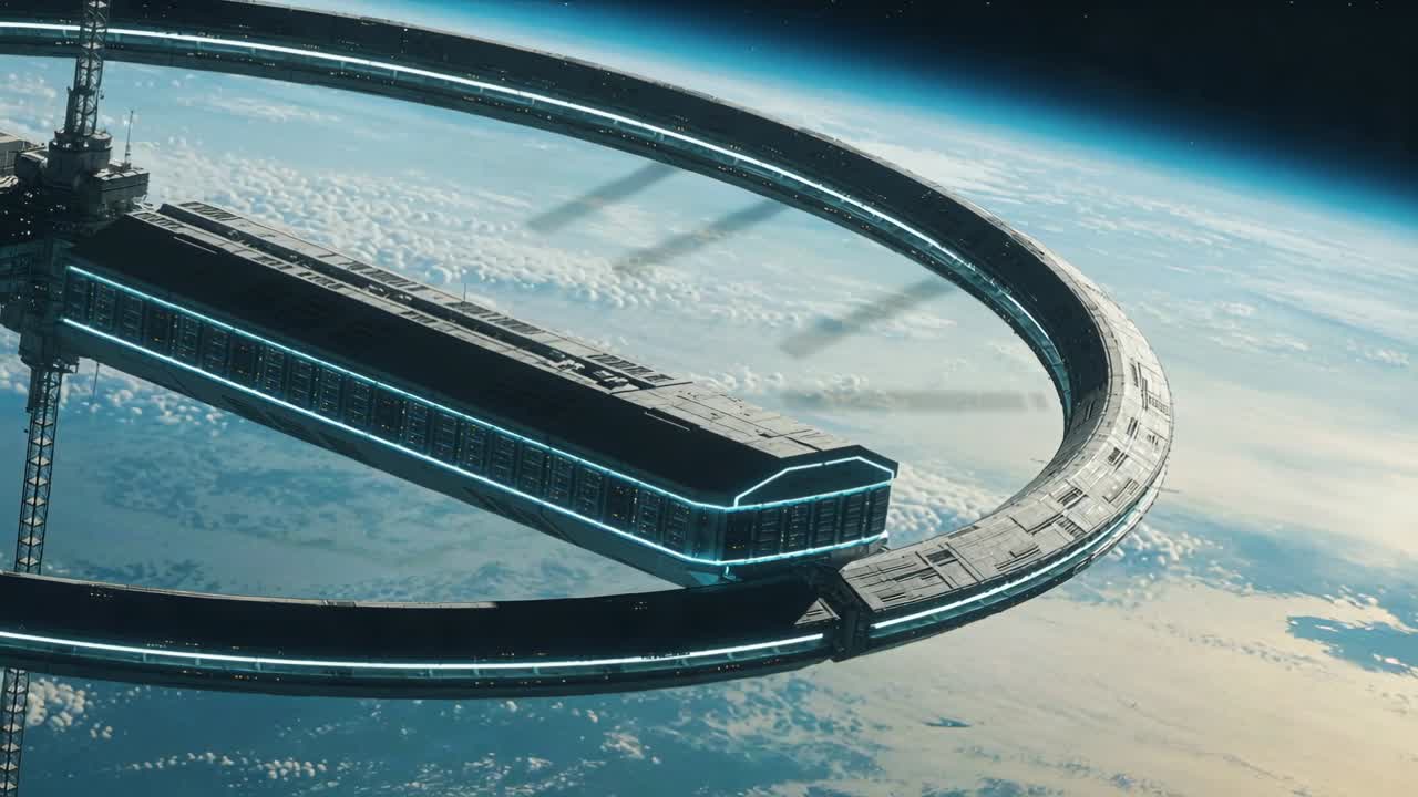 Stazione orbitale ad anello in rotazione mentre la telecamera effettua una panoramica in una demo tecnologica, mostrando un modulo illuminato di ciano e nuvole.