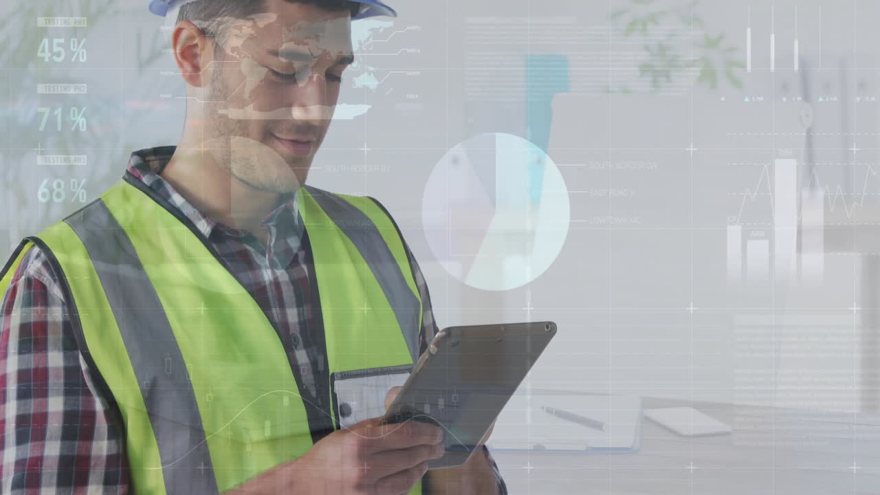 animación de procesamiento de datos financieros arquitecto caucásico masculino usando tableta