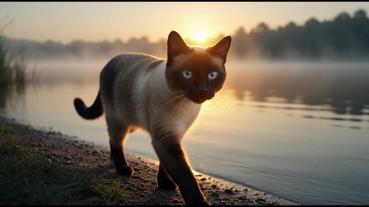 Gatto siamese che cammina lungo un lago nebbioso all'alba