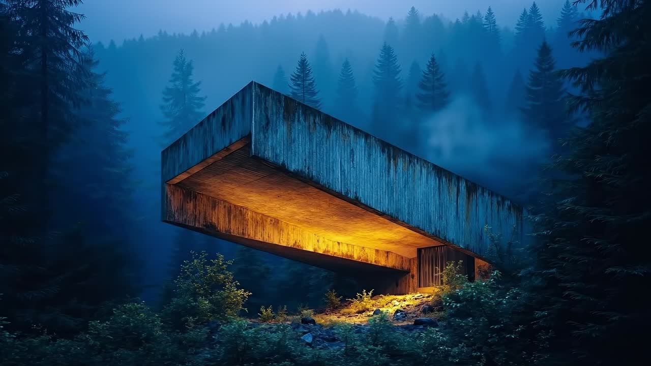 A wooden structure in the middle of a forest at night