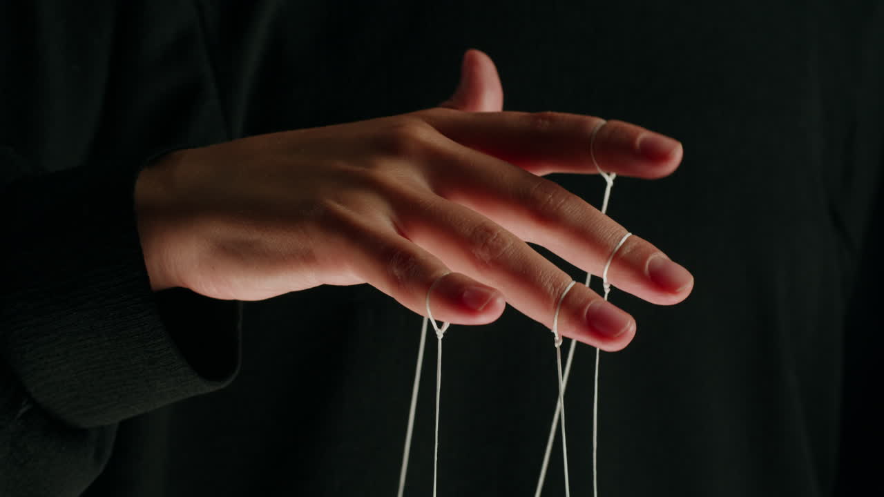 Close-up of Human Hand Being Controlled by Puppet Strings