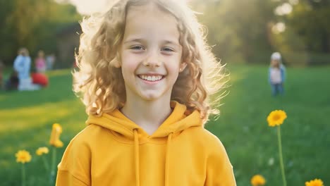 a smiling girl with curly blonde hair in a yellow hoodie