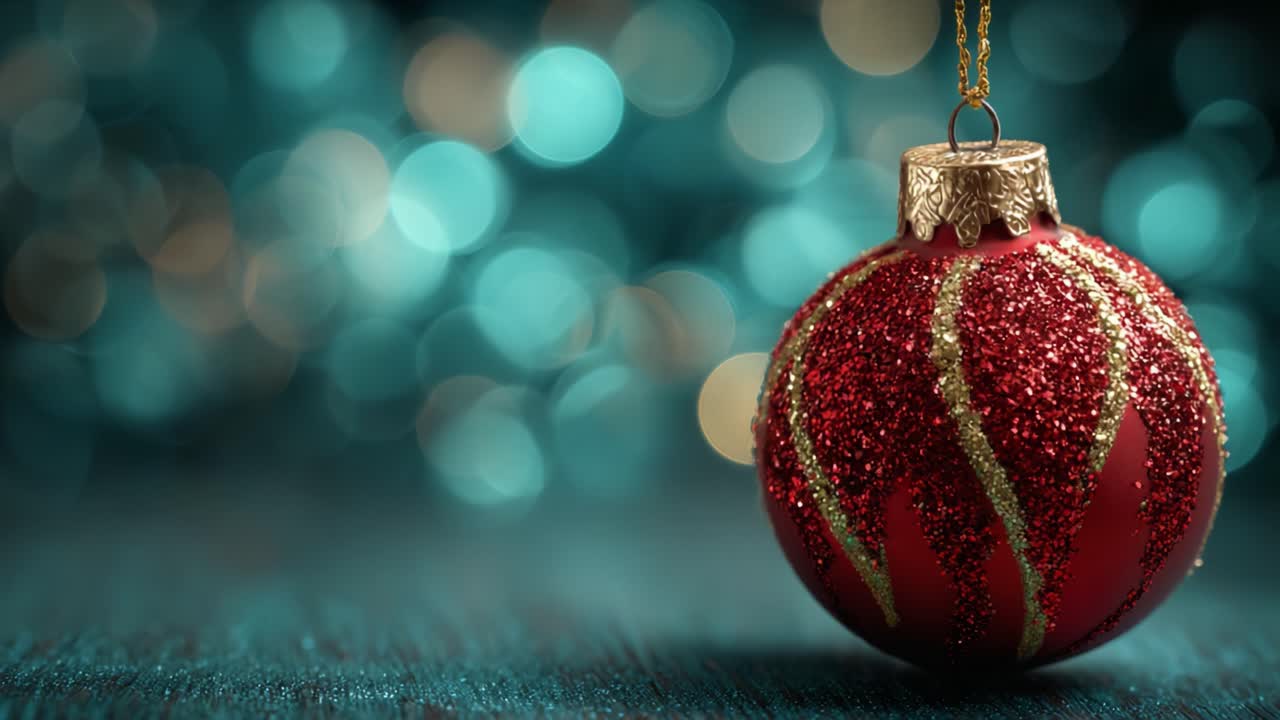 Un bellissimo ornamento natalizio rosso con scintillanti accenti dorati su uno sfondo bokeh delicato, che cattura lo spirito delle feste con eleganza e fascino