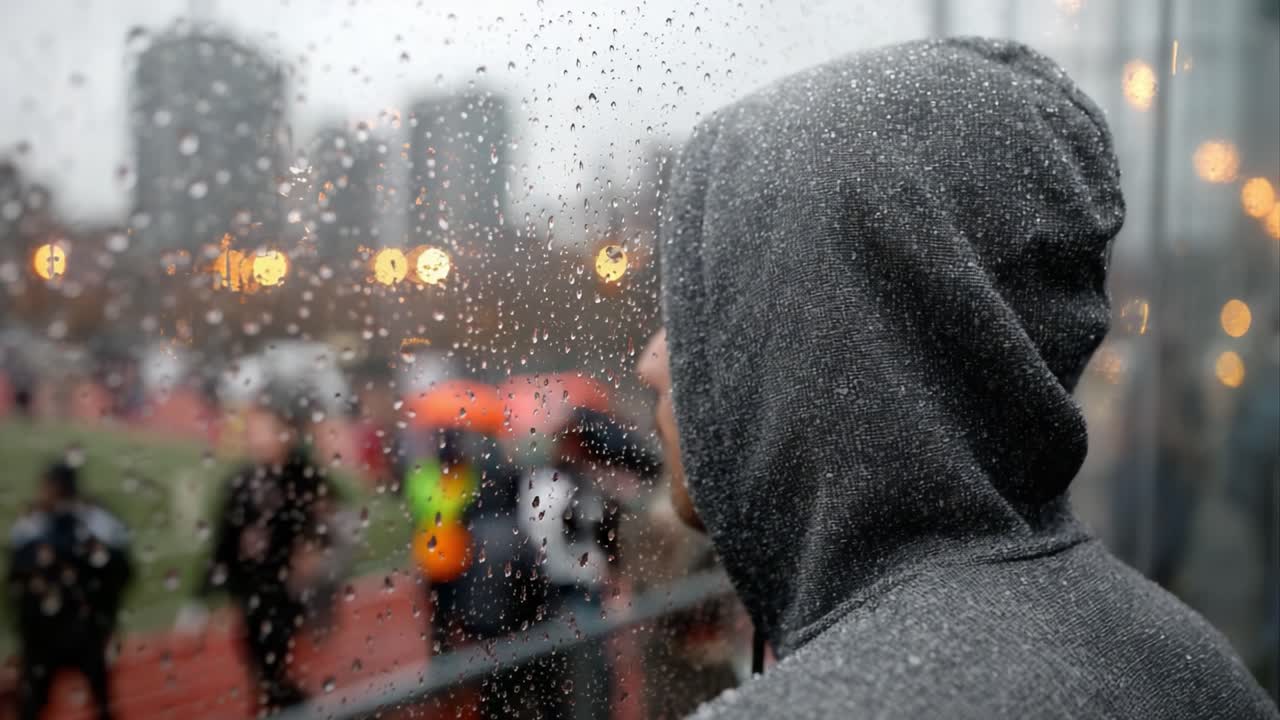 A solitary figure observes the rain-splattered window, reflecting the somber mood and distant activity on the sports field through a veil of raindrops