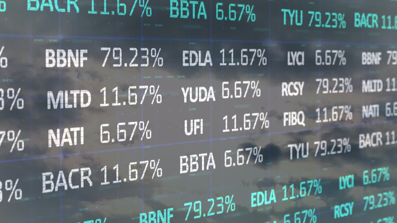 Video composito di elaborazione dati del mercato azionario su nuvole nel cielo blu