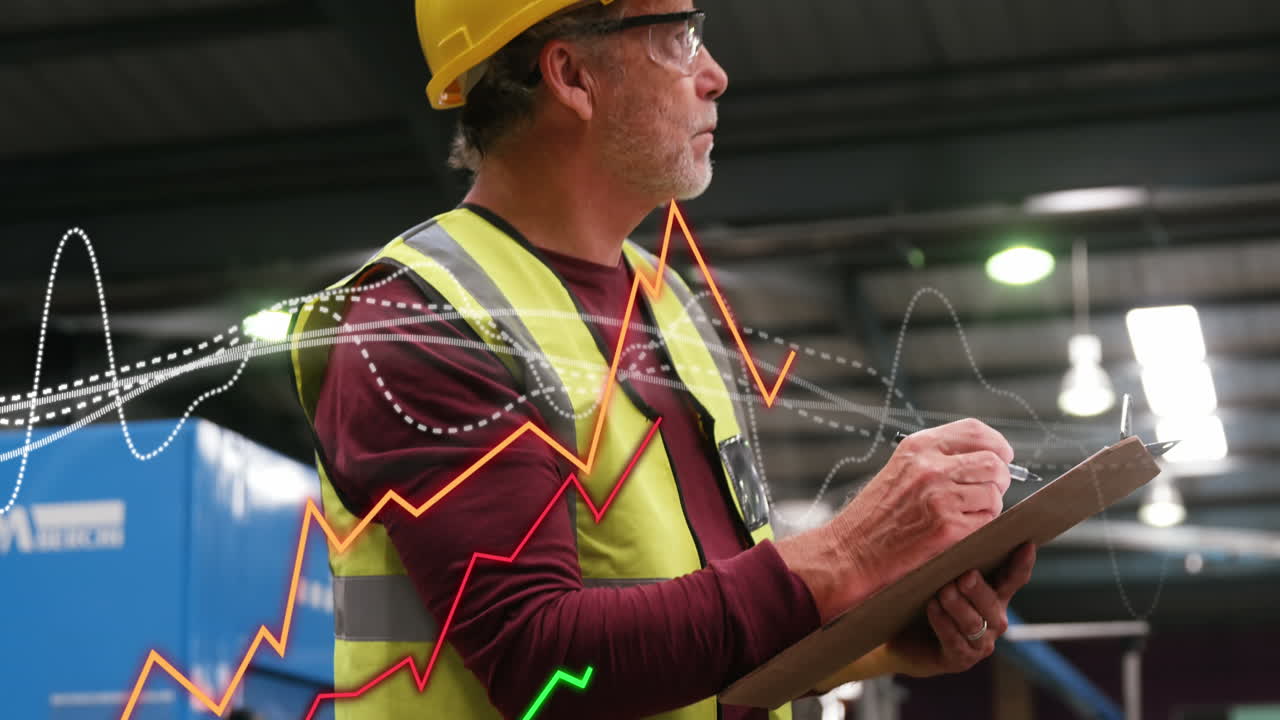 animación de procesamiento de datos estadísticos sobre ingeniero caucásico usando un portátil