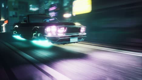 a flying car rushes at high speed along the night street of a futuristic city. seamless looping animation for fiction, cyber and sci-fi backgrounds. view of an future city.