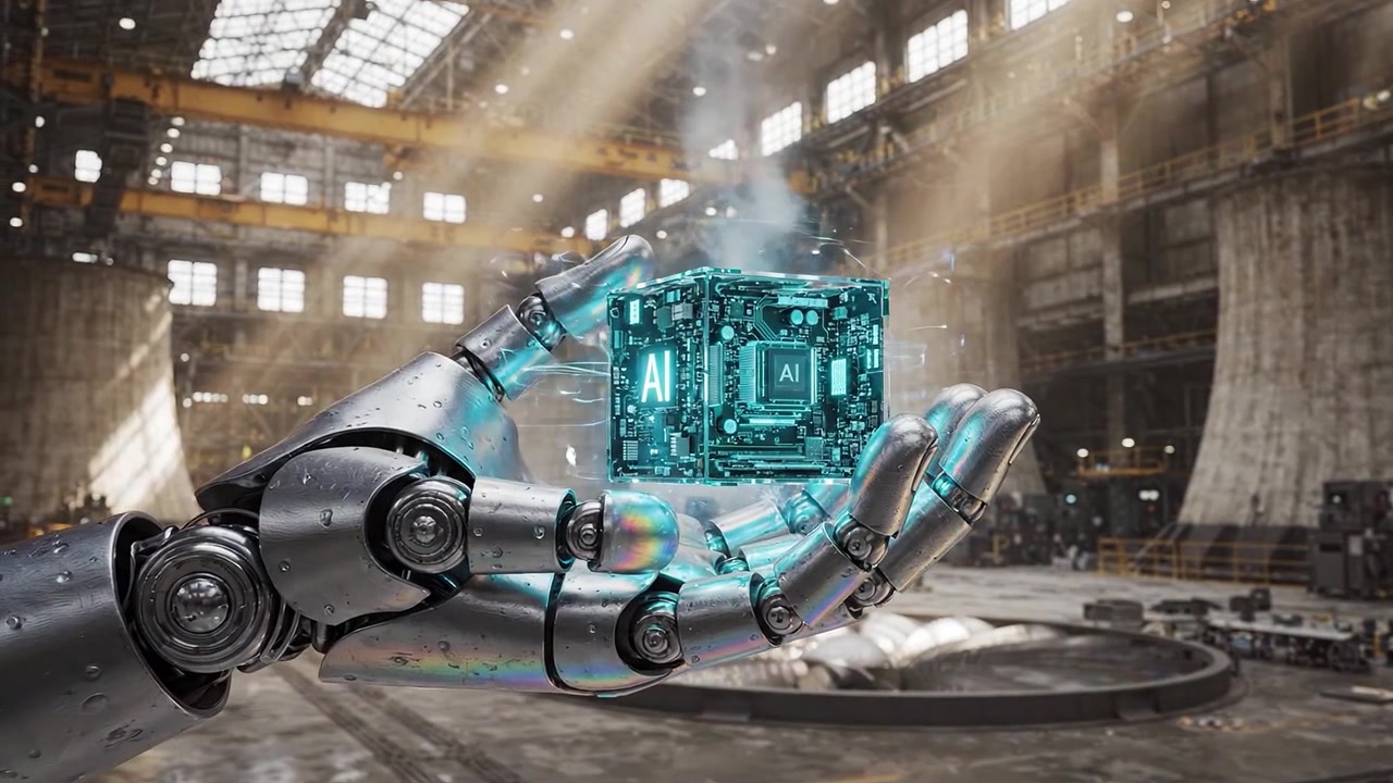 Futurystyczna robotyczna dłoń delikatnie trzyma świecący procesor AI w zaawansowanym technologicznie środowisku przemysłowym, ukazując skrzyżowanie technologii i robotyki.
