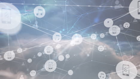 animación de una red de personas, música e iconos de medios que transfieren datos a través de nubes en movimiento