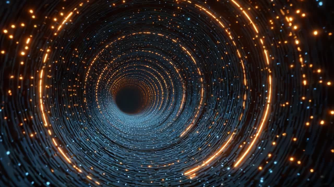 A captivating journey through a glowing tunnel filled with intricate patterns of light and energy, creating a mesmerizing visual experience of depth and movement