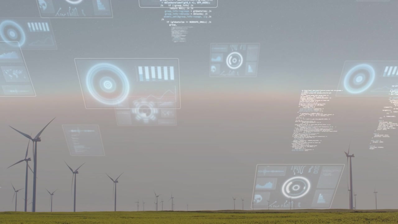 Signal initiating sensors, wind farm sending data while holographic panels expanding for monitoring