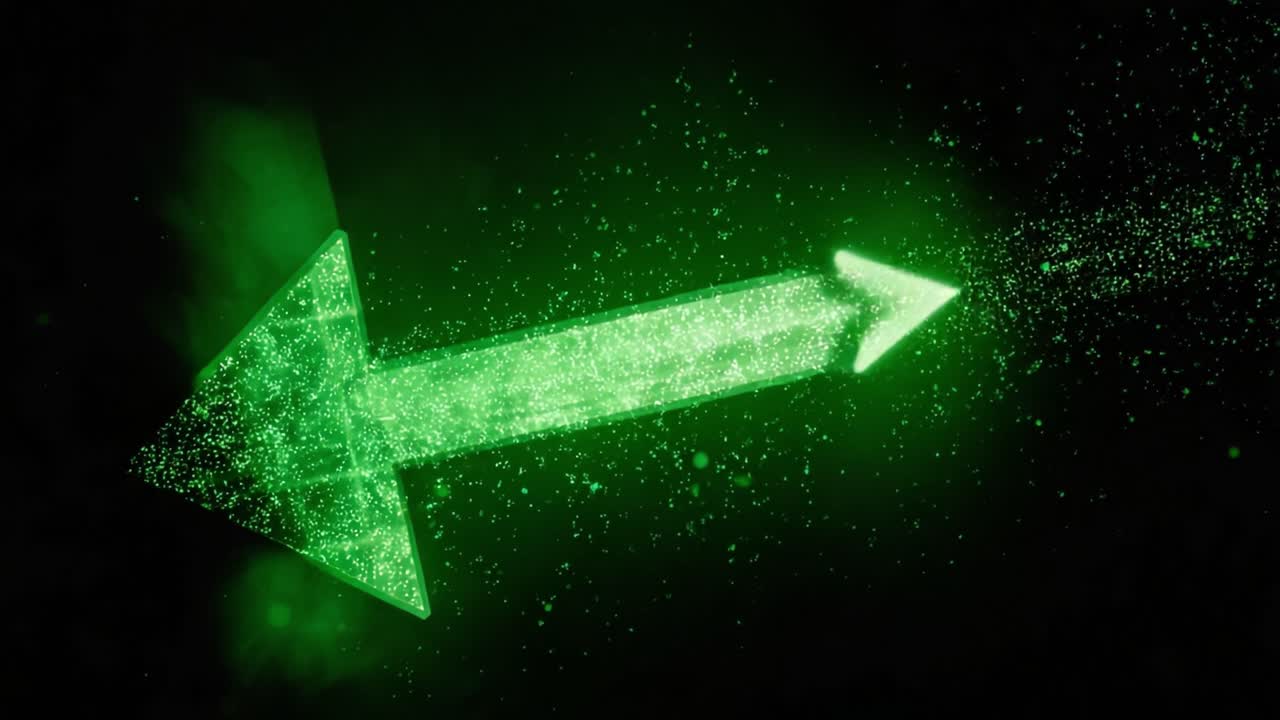 Abstract green arrow symbol moving from right to left, composed of glowing particles dissolving into space, representing direction, progress, and modern technological advancement