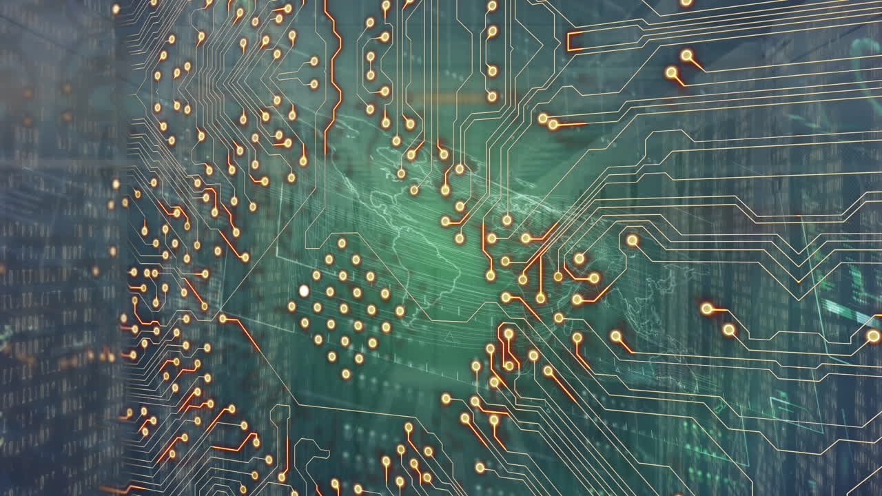 녹색 디지털 공간에서 연결된 통합 회로와 세계 지도의 애니메이션