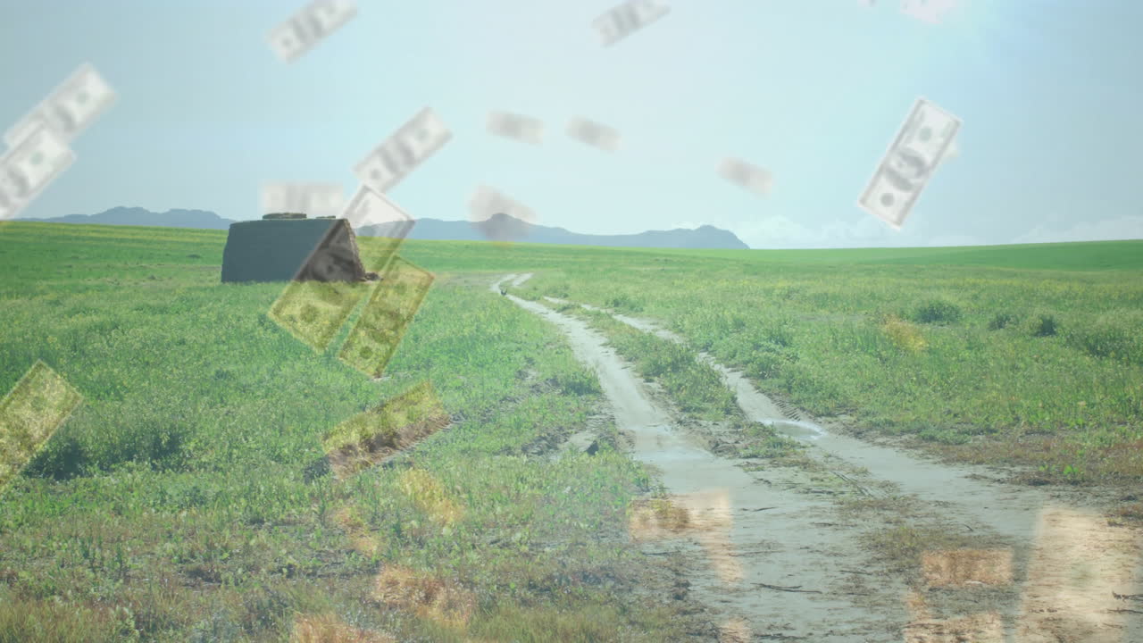 Money bills animation over dirt road in green countryside landscape