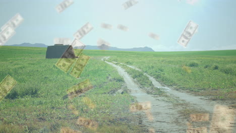 money bills animation over dirt road in green countryside landscape