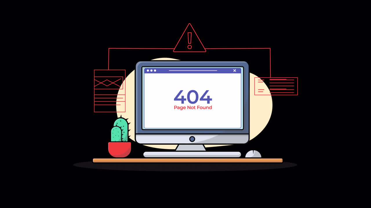 Animerad datorskärm som visar ett 404-fel, sidan hittades inte