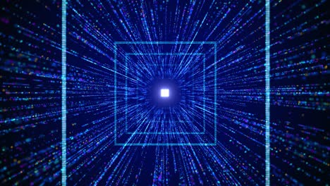 4k motion loop flying into digital technology tunnel loop animation 3d binary code particles network