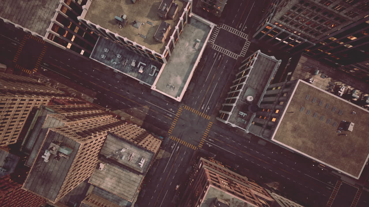 vista aérea de la intersección de la ciudad al anochecer