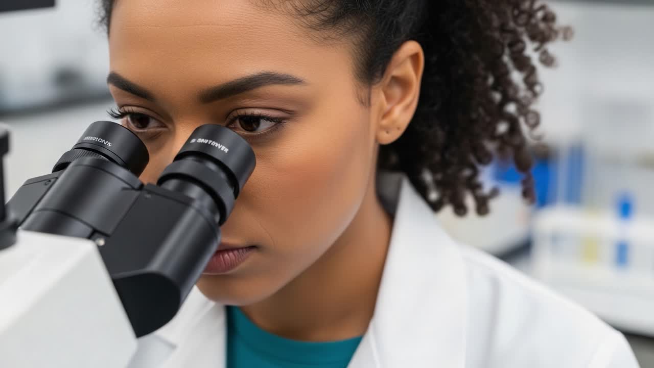 Focused Researcher Analyzing Samples Under Microscope in a Laboratory Setting, Demonstrating Precision and Dedication to Scientific Inquiry and Innovation