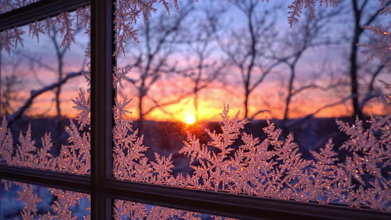 霜の降りた窓ガラス越しに見る穏やかな冬の夕焼け。自然の芸術性と、日が夜へと移り変わる夕暮れの静かな輝きを捉えている。