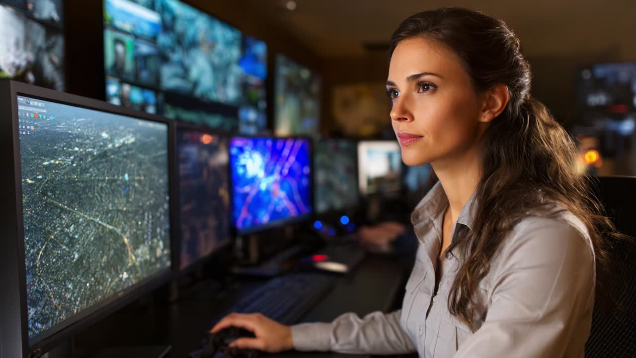 Focused Operator Monitoring Multiple High-Resolution Screens in a Control Room Environment, Analyzing Data and Visuals for Effective Decision-Making and Situation Awareness