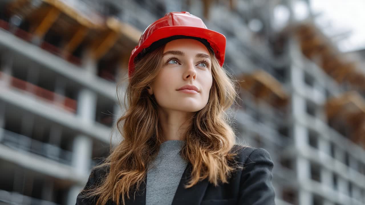 A confident woman wearing a red safety helmet stands proudly at a construction site, embodying strength and determination as she supervises the ongoing building project
