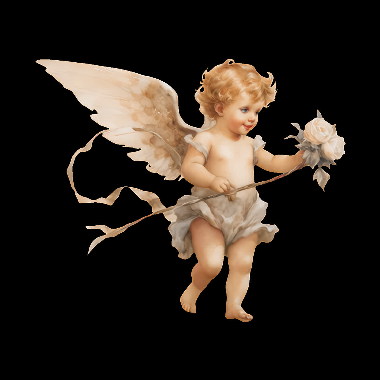 Cherubic angel holding rose animation isolated asset, transparent 4K video, alpha channel, ProRes