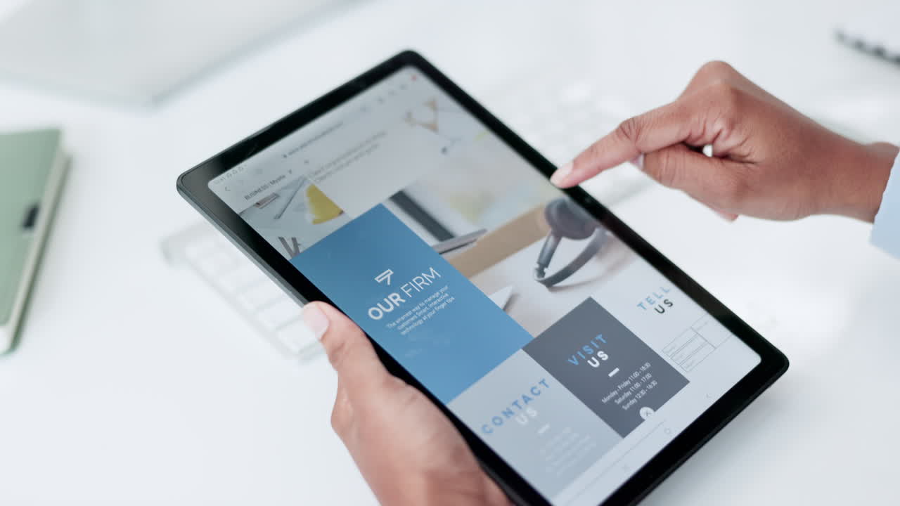 Website design, scrolling and hands with tablet